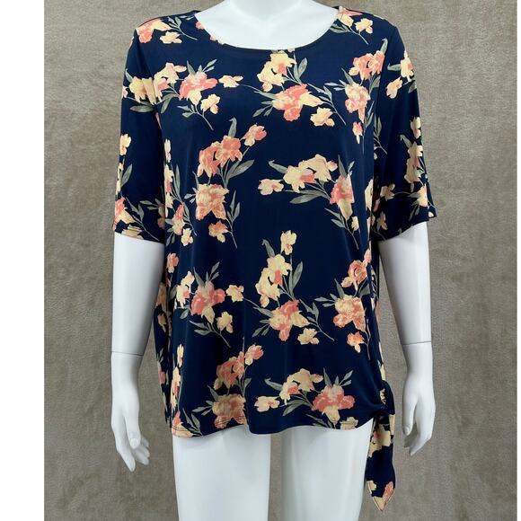 Chicos Top Womens 3 US XL Navy Floral Tie Hem Stretch Boho Office Work Summer - Picture 1 of 11